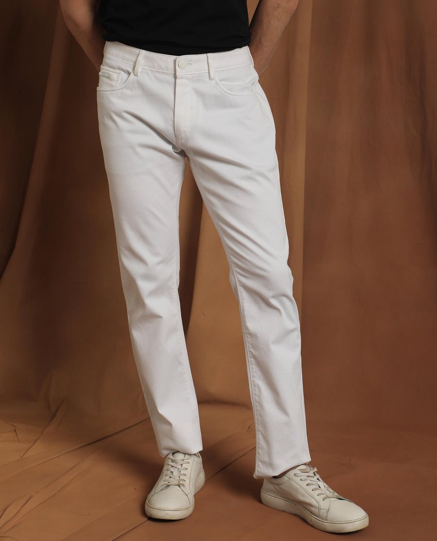 Rare Rabbit Men's Spoke-22 White Cotton Plain Regular Fit Trouser