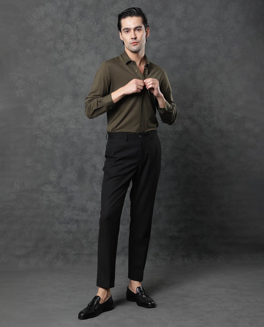 Rare Rabbit Men's Zac Olive Rayon Plain Tailored Fit Full Sleeve Collared Shirt