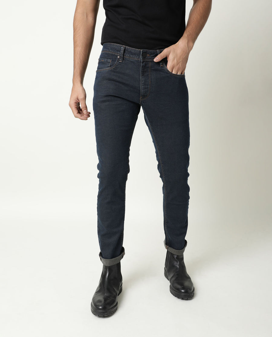 Rare Rabbit Men's Twix Brown Cotton Plain Hawk Slim Fit Jeans