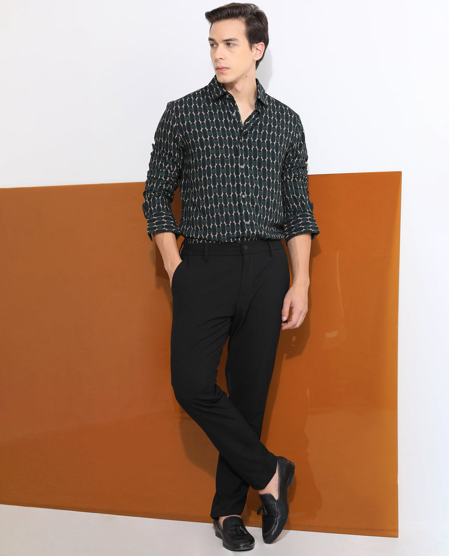 Rare Rabbit Men's Oliver Green Viscose Geometric Print Regular Fit Full Sleeve Collared Shirt