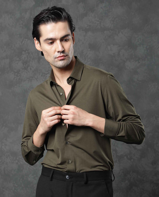 Rare Rabbit Men's Zac Olive Rayon Plain Tailored Fit Full Sleeve Collared Shirt