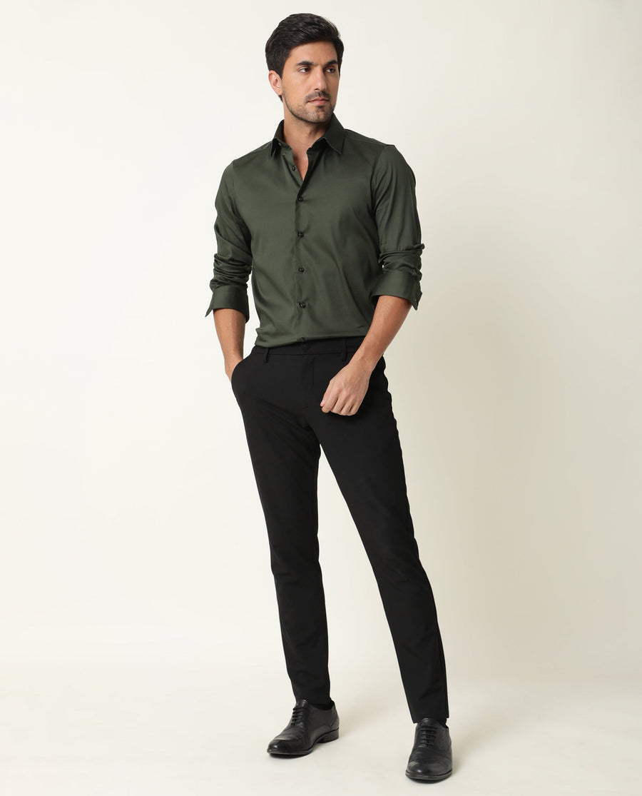 Rare Rabbit Men's Holand Olive Satin Plain Regular Fit Full Sleeve Button-Down Collar Shirt