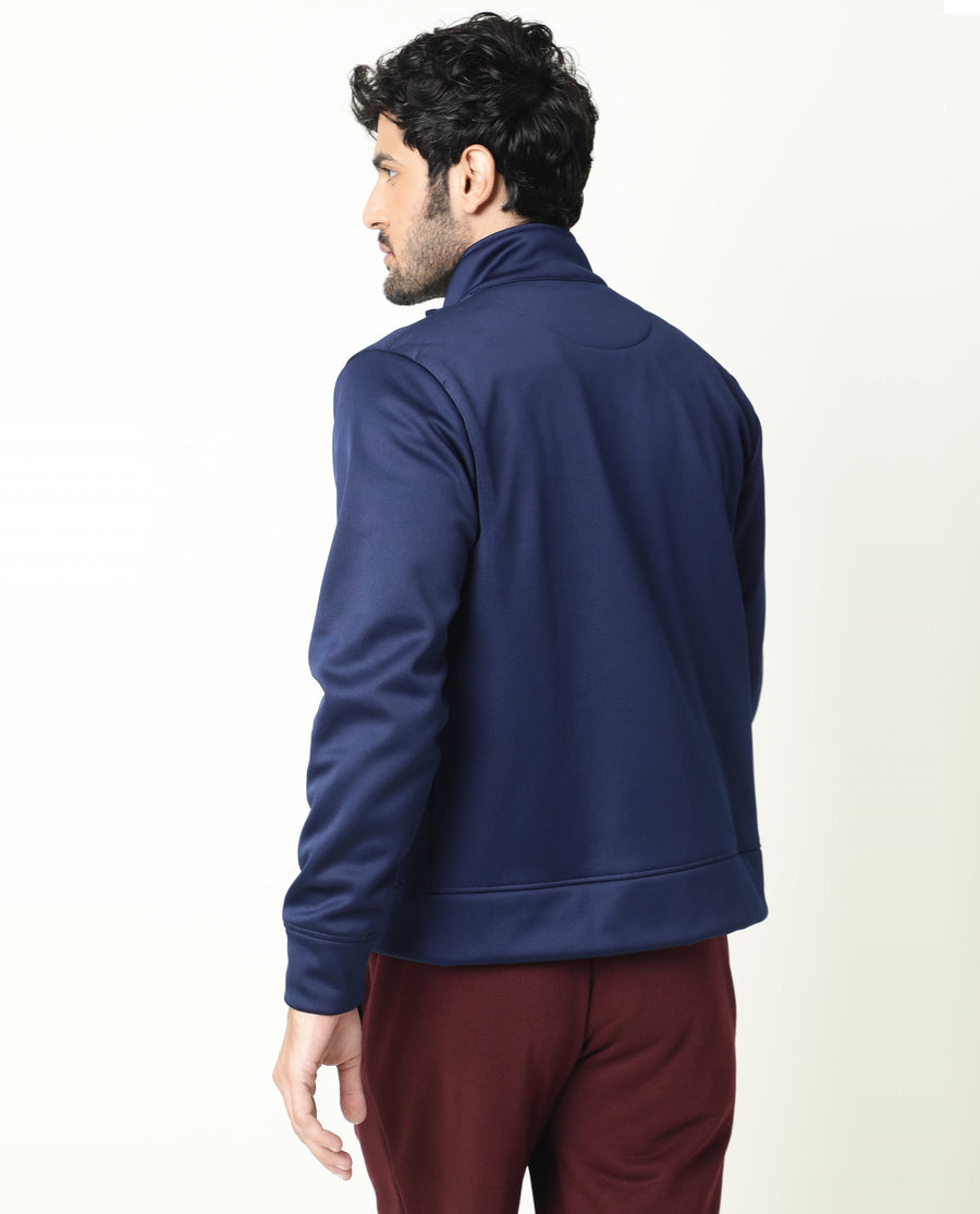 Rare Rabbit Men's Bond Dark Blue Polyester Plain Regular Fit Full Sleeve High Neck Jacket