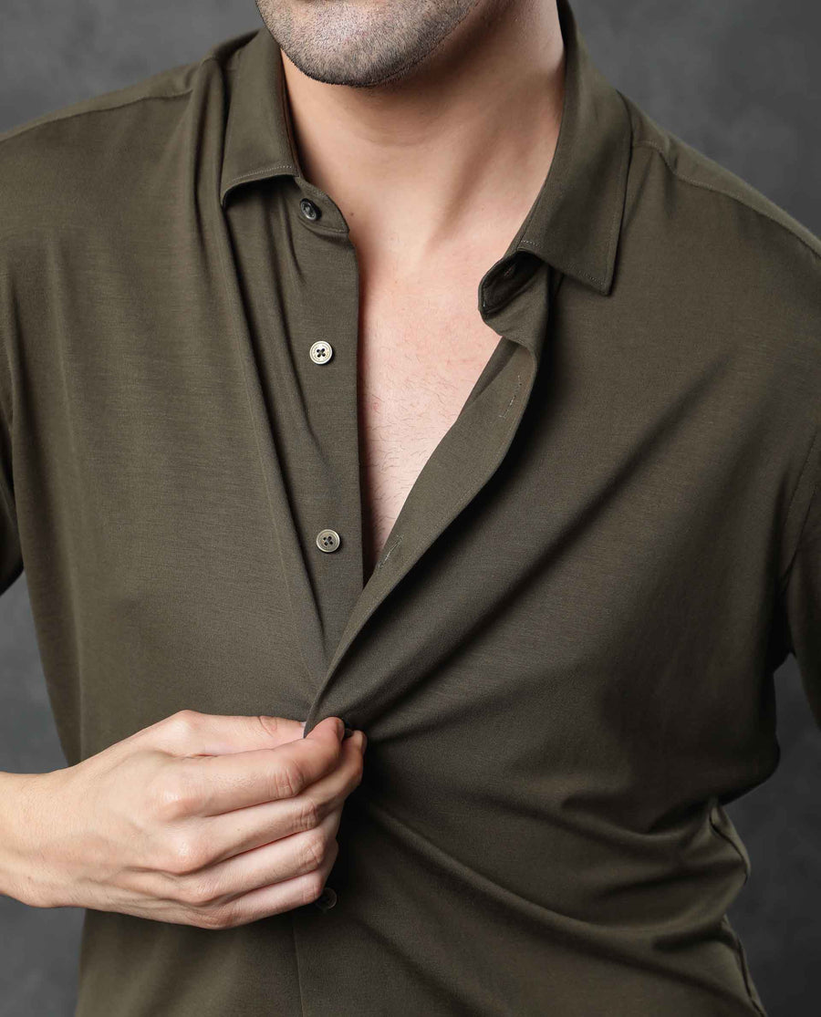 Rare Rabbit Men's Zac Olive Rayon Plain Tailored Fit Full Sleeve Collared Shirt