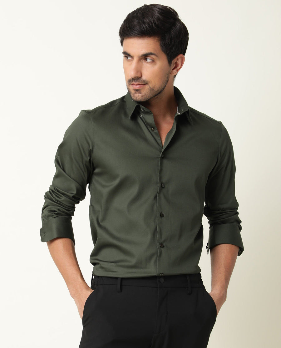 Rare Rabbit Men's Holand Olive Satin Plain Regular Fit Full Sleeve Button-Down Collar Shirt