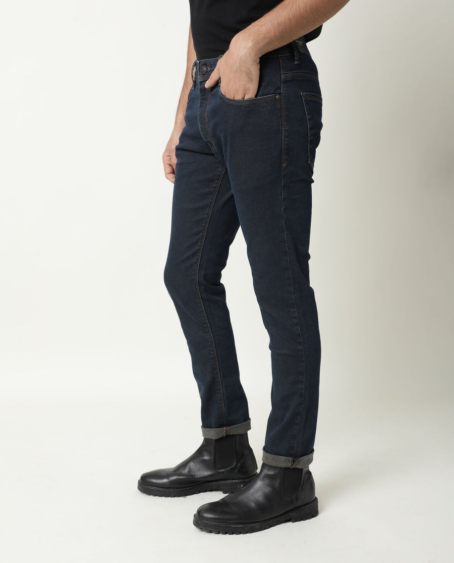 Rare Rabbit Men's Twix Brown Cotton Plain Hawk Slim Fit Jeans