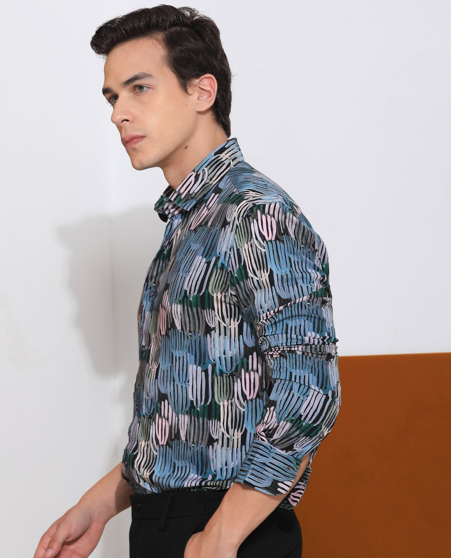 Rare Rabbit Men's Alvin Black Viscose Abstract Print Regular Fit Full Sleeve Collared Shirt