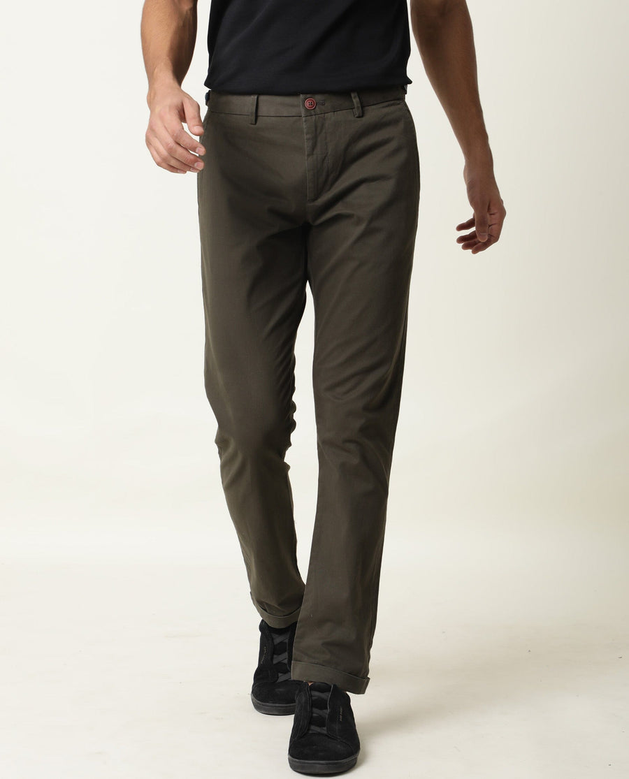 Rare Rabbit Men's Trews-22 Olive Cotton Plain Regular Fit Trouser