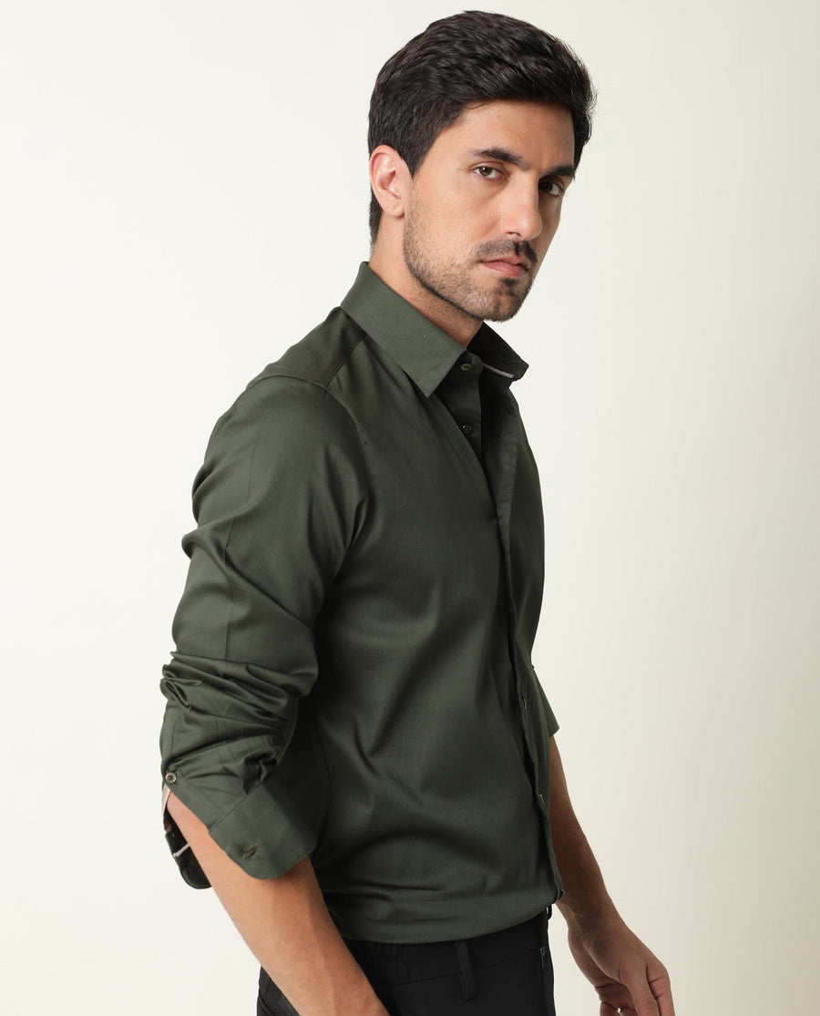 Rare Rabbit Men's Holand Olive Satin Plain Regular Fit Full Sleeve Button-Down Collar Shirt