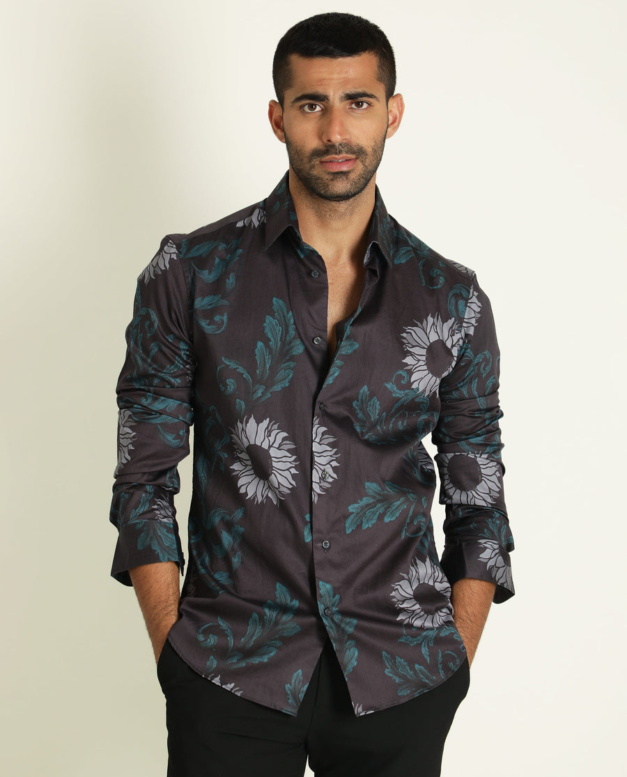 Rare Rabbit Men's Silbon Black Cotton Floral Print Regular Fit Full Sleeve Collared Shirt