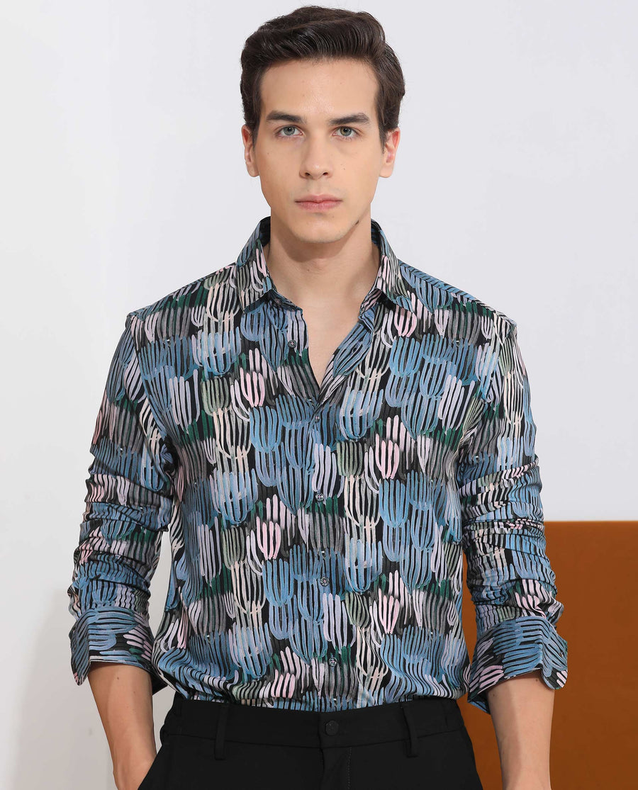Rare Rabbit Men's Alvin Black Viscose Abstract Print Regular Fit Full Sleeve Collared Shirt
