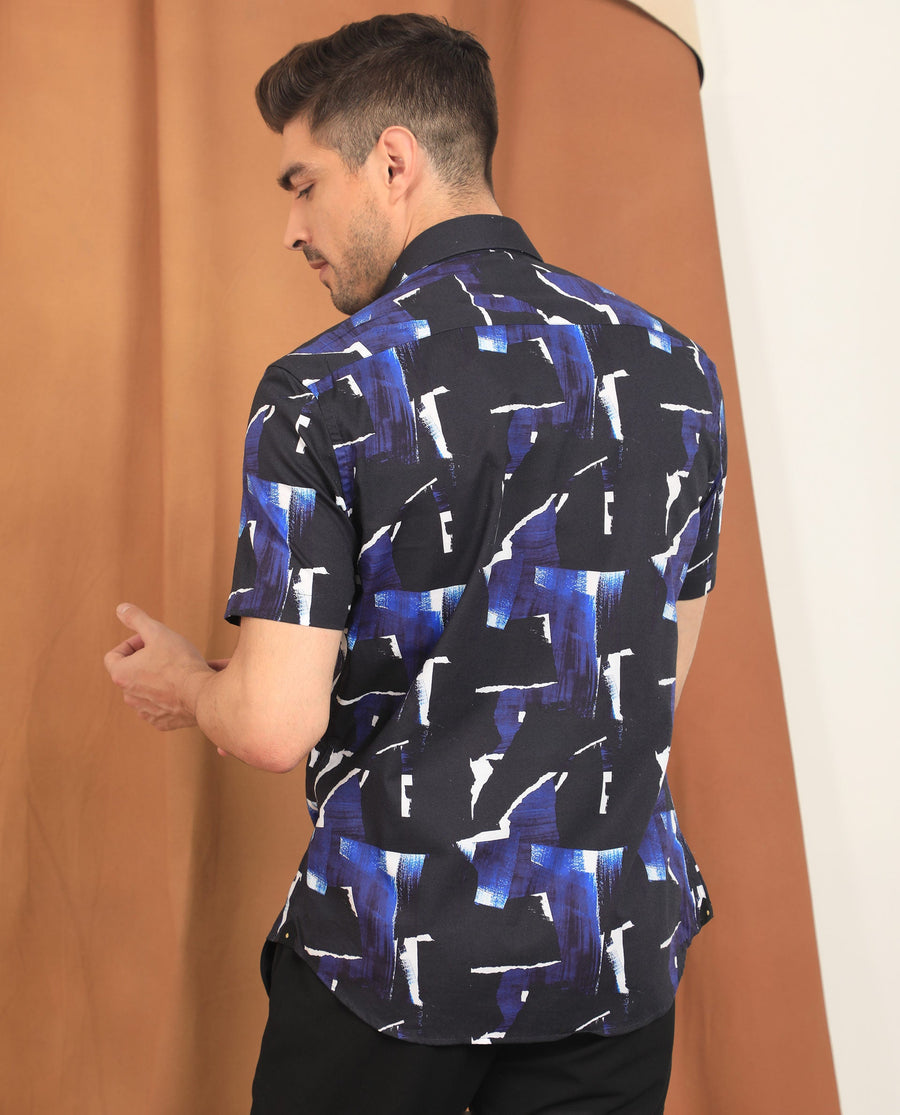Rare Rabbit Men's Canva Blue Viscose Abstract Print Regular Fit Half Sleeve Collared Shirt