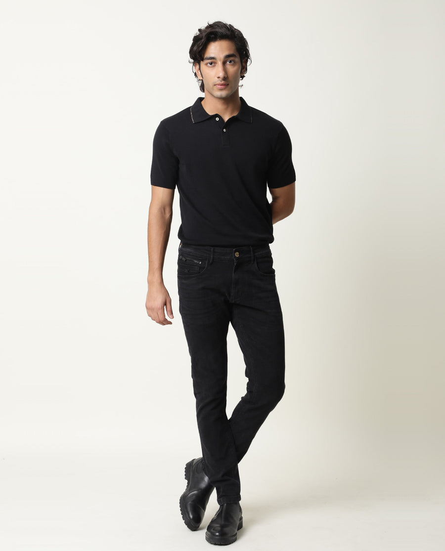 Rare Rabbit Men's Kefa Black Cotton Plain Slim Fit Half Sleeve Polo