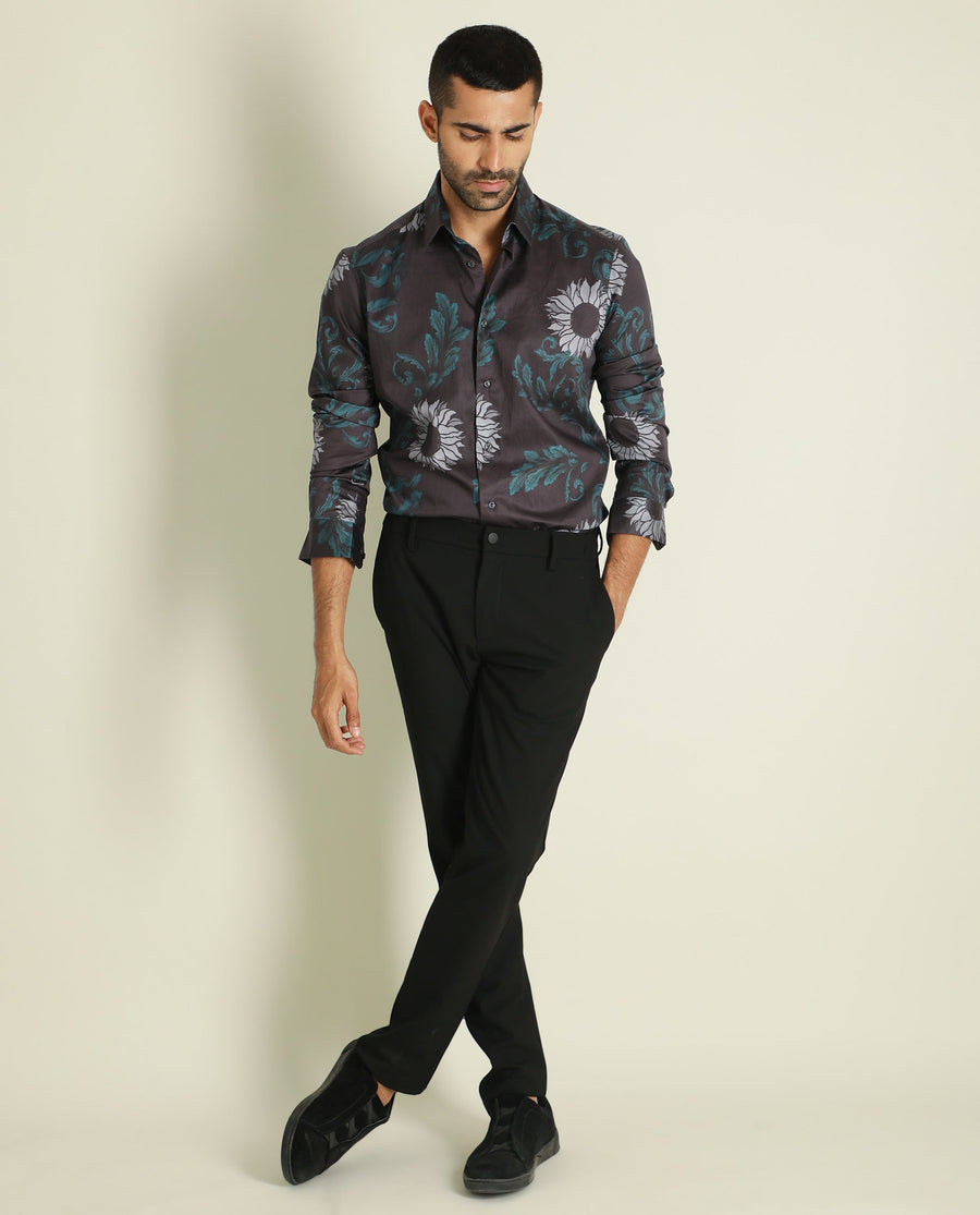 Rare Rabbit Men's Silbon Black Cotton Floral Print Regular Fit Full Sleeve Collared Shirt