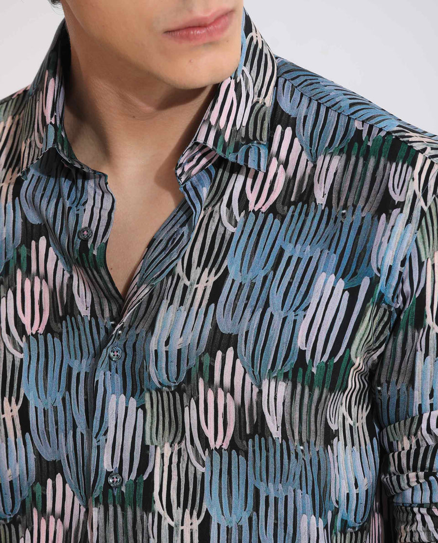 Rare Rabbit Men's Alvin Black Viscose Abstract Print Regular Fit Full Sleeve Collared Shirt