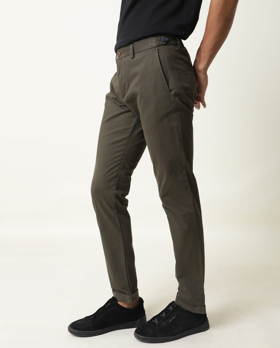 Rare Rabbit Men's Trews-22 Olive Cotton Plain Regular Fit Trouser