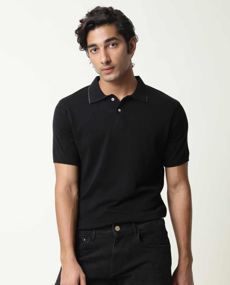 Rare Rabbit Men's Kefa Black Cotton Plain Slim Fit Half Sleeve Polo