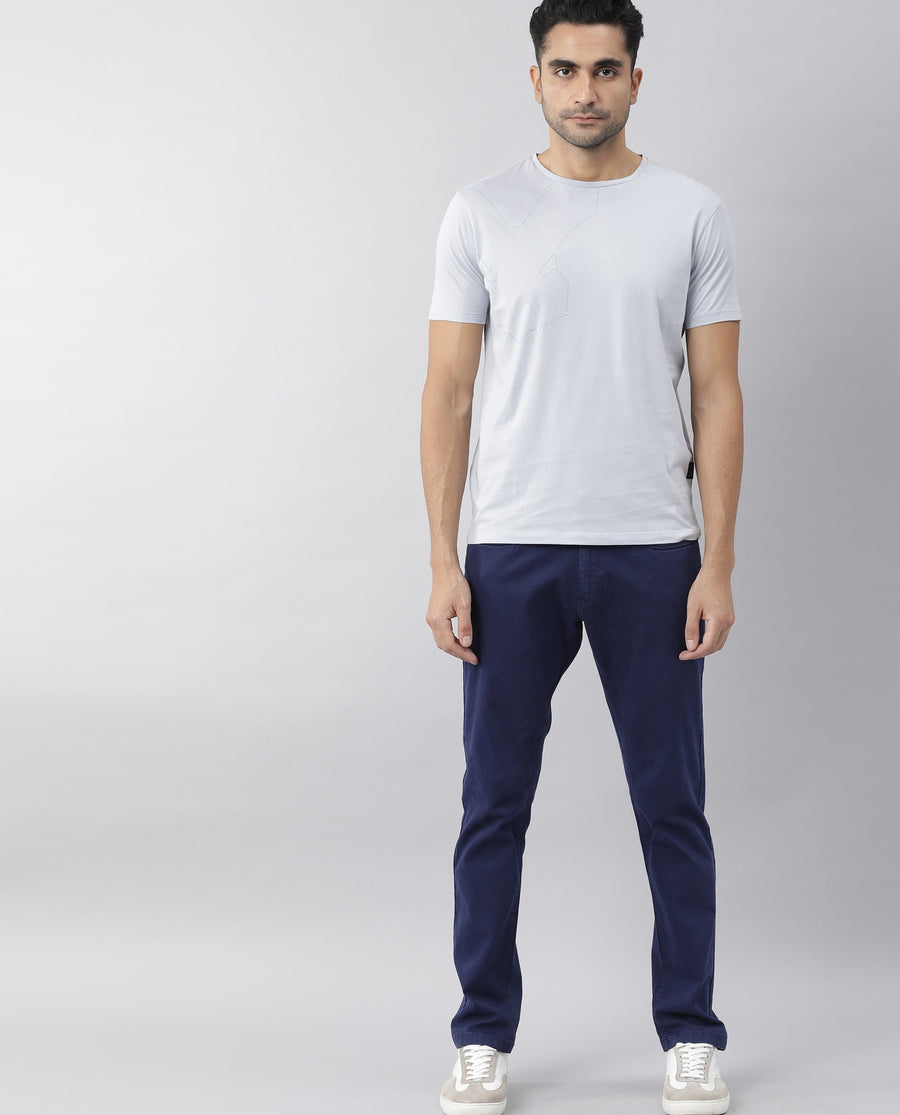 Rare Rabbit Men's Graph Blue Cotton Graphic Print Slim Fit Half Sleeve Crew Neck T-Shirt