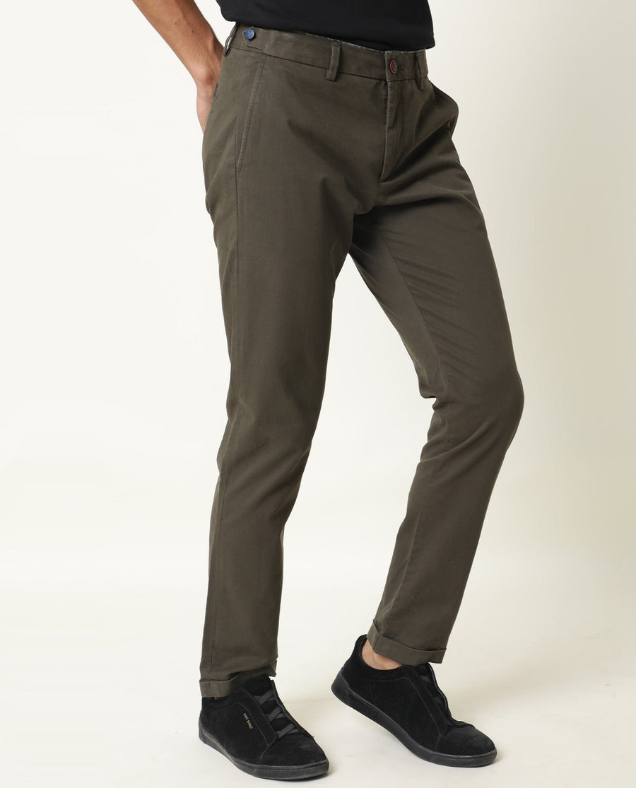 Rare Rabbit Men's Trews-22 Olive Cotton Plain Regular Fit Trouser