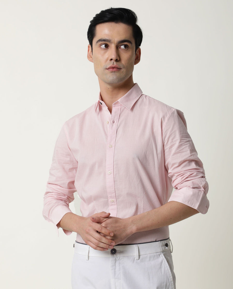 Rare Rabbit Men's Fullslee Pink Cotton Plain Tailored Fit Full Sleeve Collared Shirt