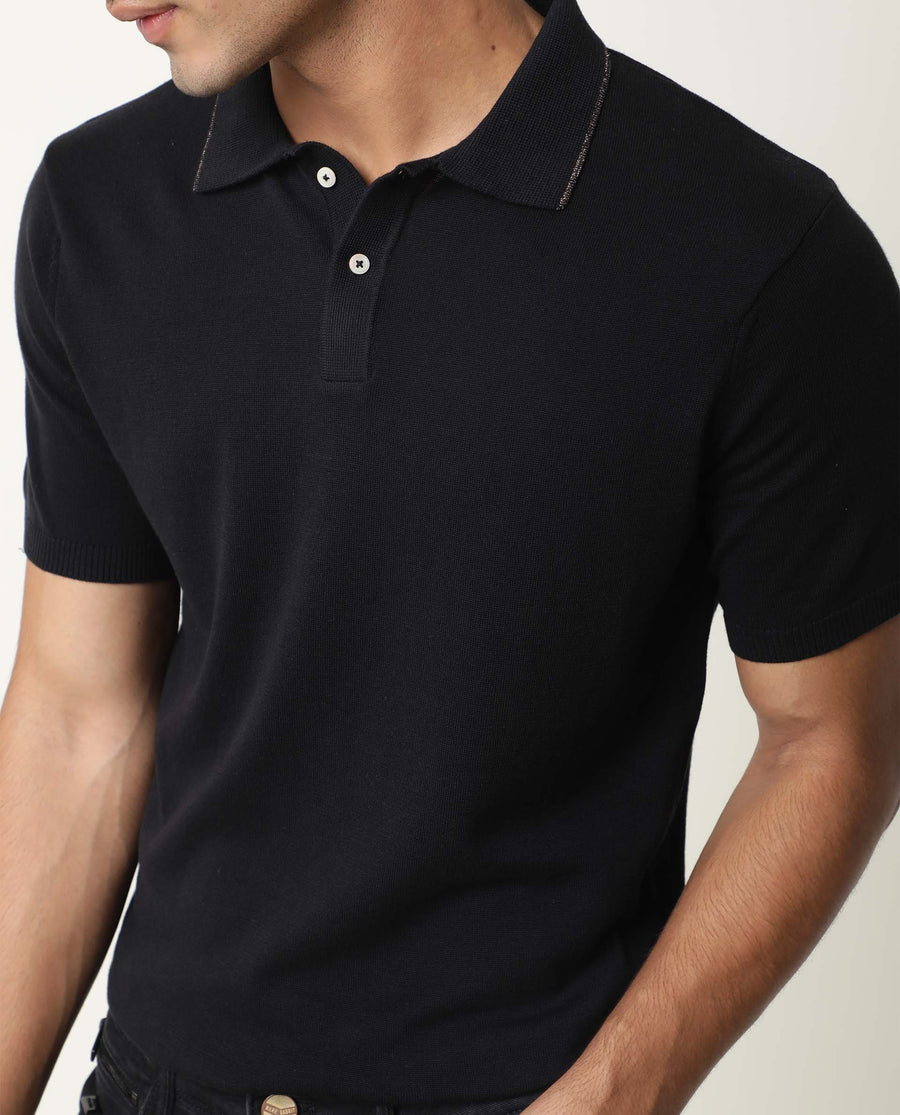 Rare Rabbit Men's Kefa Black Cotton Plain Slim Fit Half Sleeve Polo