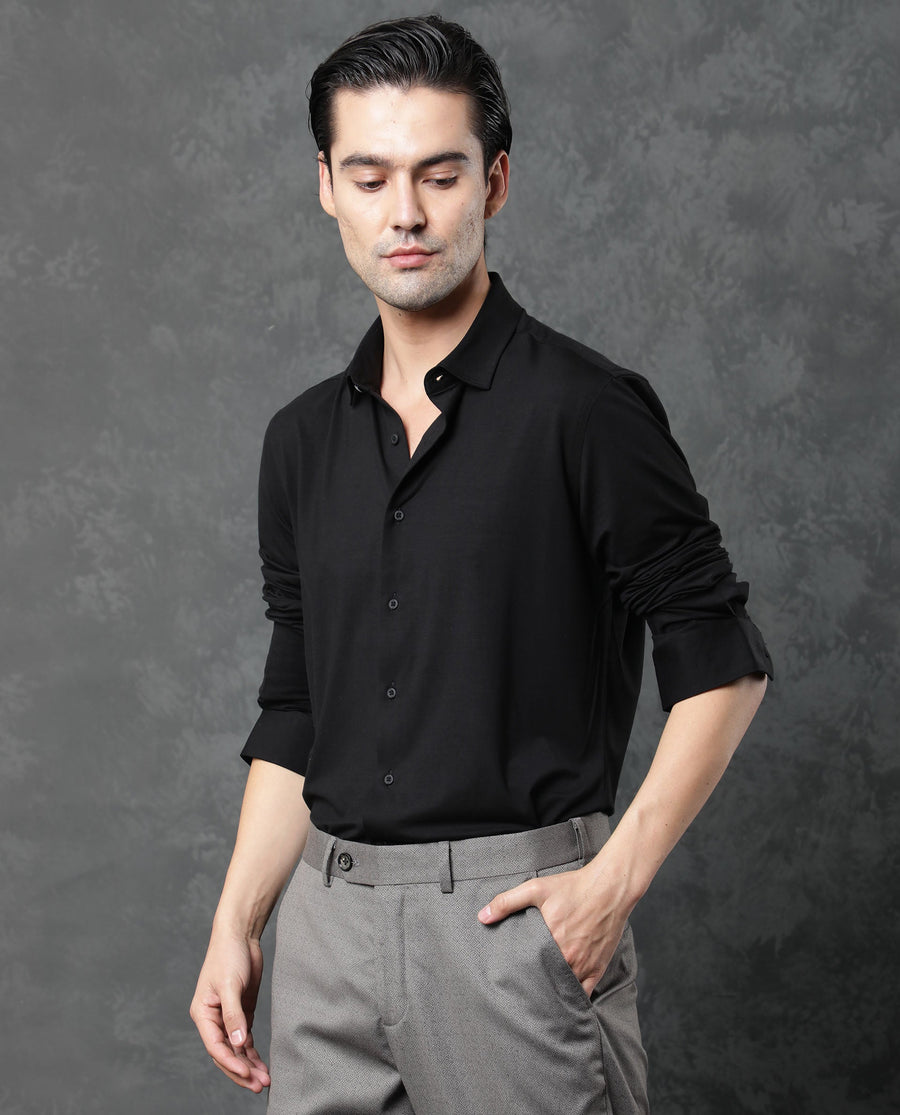 Rare Rabbit Men's Zaco Black Cotton Plain Regular Fit Full Sleeve Collared Shirt