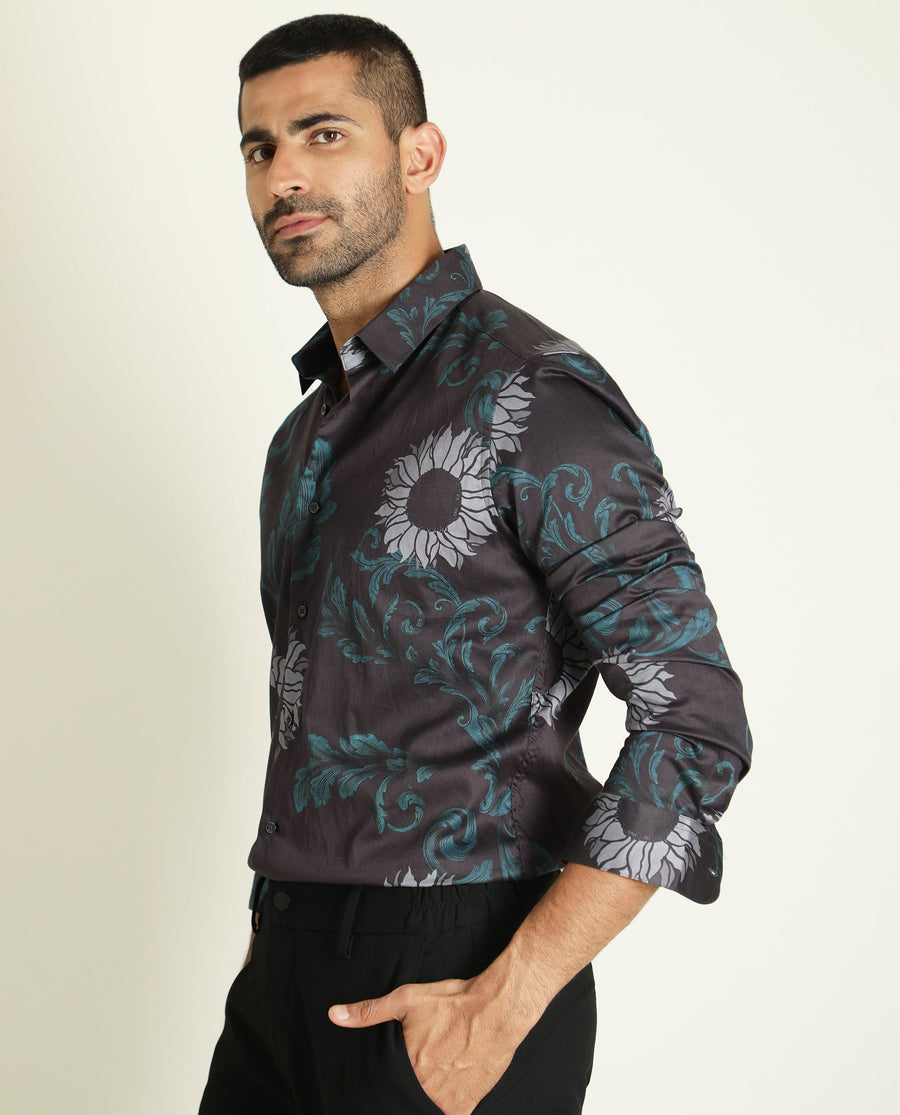 Rare Rabbit Men's Silbon Black Cotton Floral Print Regular Fit Full Sleeve Collared Shirt