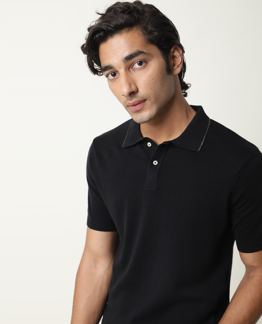 Rare Rabbit Men's Kefa Black Cotton Plain Slim Fit Half Sleeve Polo
