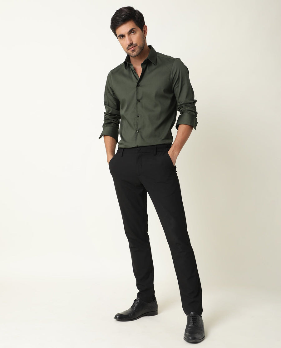 Rare Rabbit Men's Holand Olive Satin Plain Regular Fit Full Sleeve Button-Down Collar Shirt