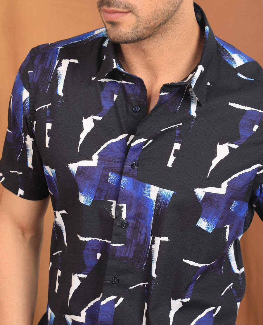 Rare Rabbit Men's Canva Blue Viscose Abstract Print Regular Fit Half Sleeve Collared Shirt