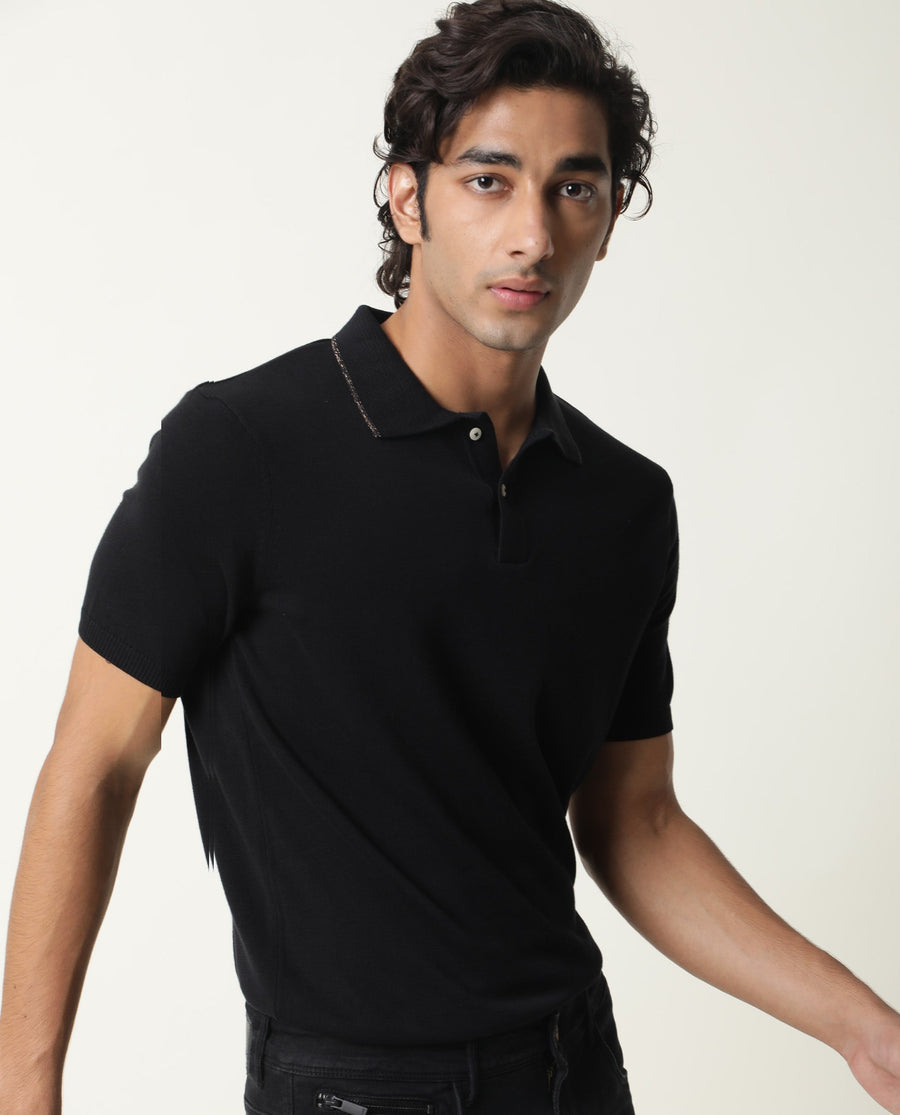 Rare Rabbit Men's Kefa Black Cotton Plain Slim Fit Half Sleeve Polo