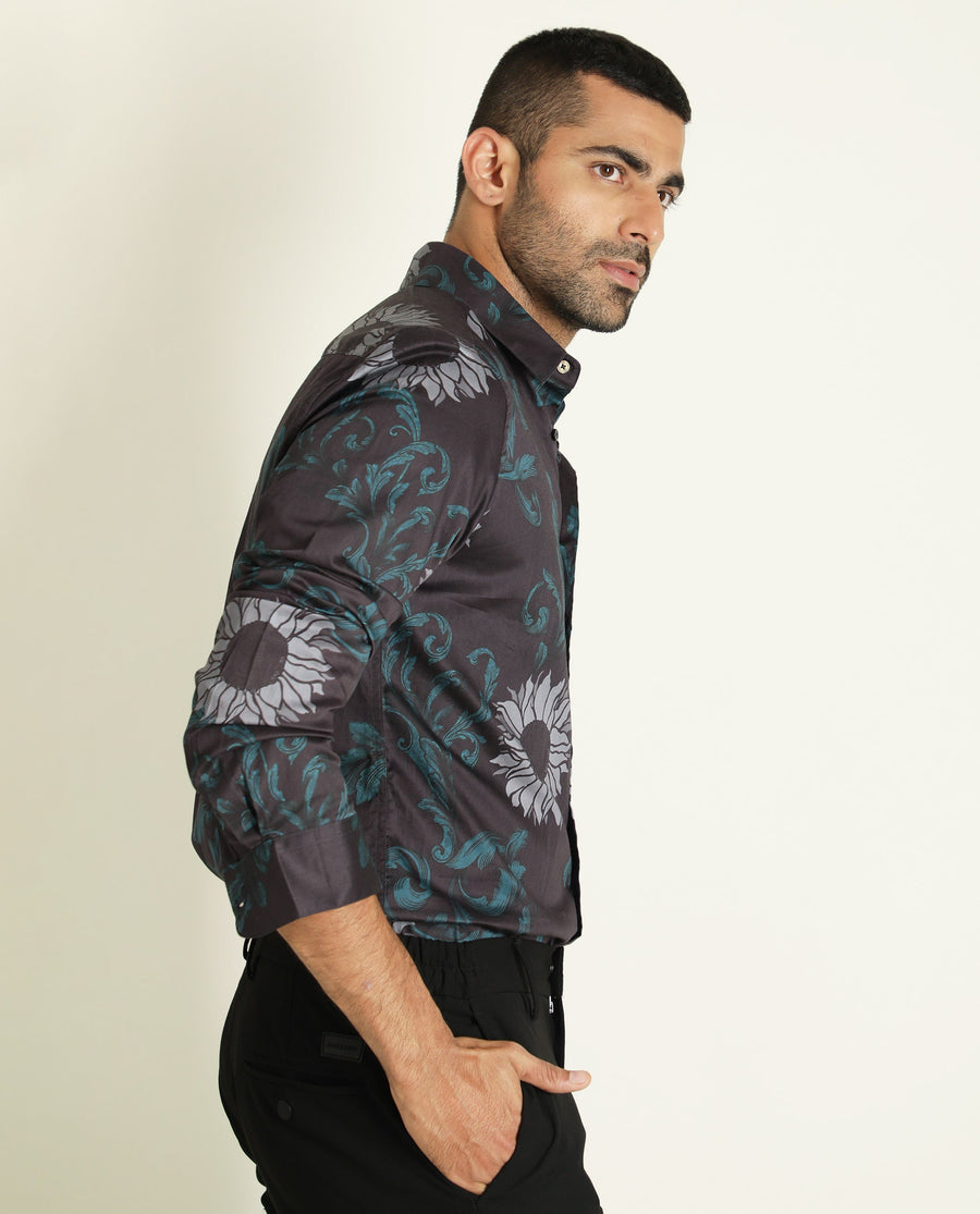 Rare Rabbit Men's Silbon Black Cotton Floral Print Regular Fit Full Sleeve Collared Shirt
