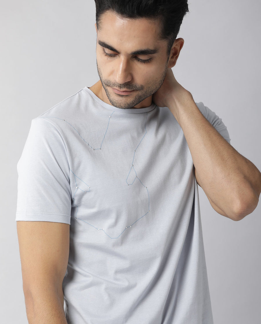 Rare Rabbit Men's Graph Blue Cotton Graphic Print Slim Fit Half Sleeve Crew Neck T-Shirt