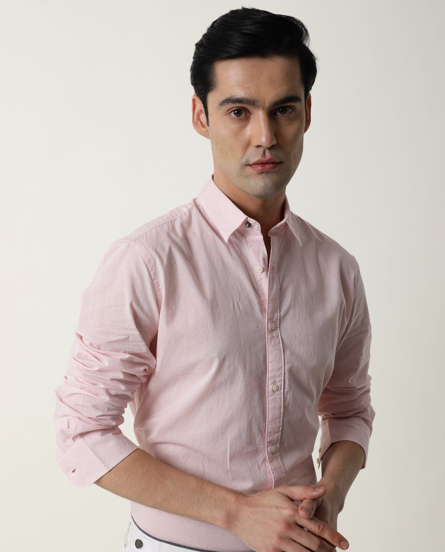 Rare Rabbit Men's Fullslee Pink Cotton Plain Tailored Fit Full Sleeve Collared Shirt