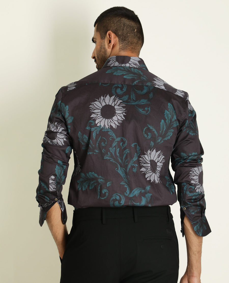 Rare Rabbit Men's Silbon Black Cotton Floral Print Regular Fit Full Sleeve Collared Shirt