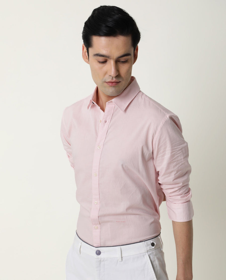 Rare Rabbit Men's Fullslee Pink Cotton Plain Tailored Fit Full Sleeve Collared Shirt
