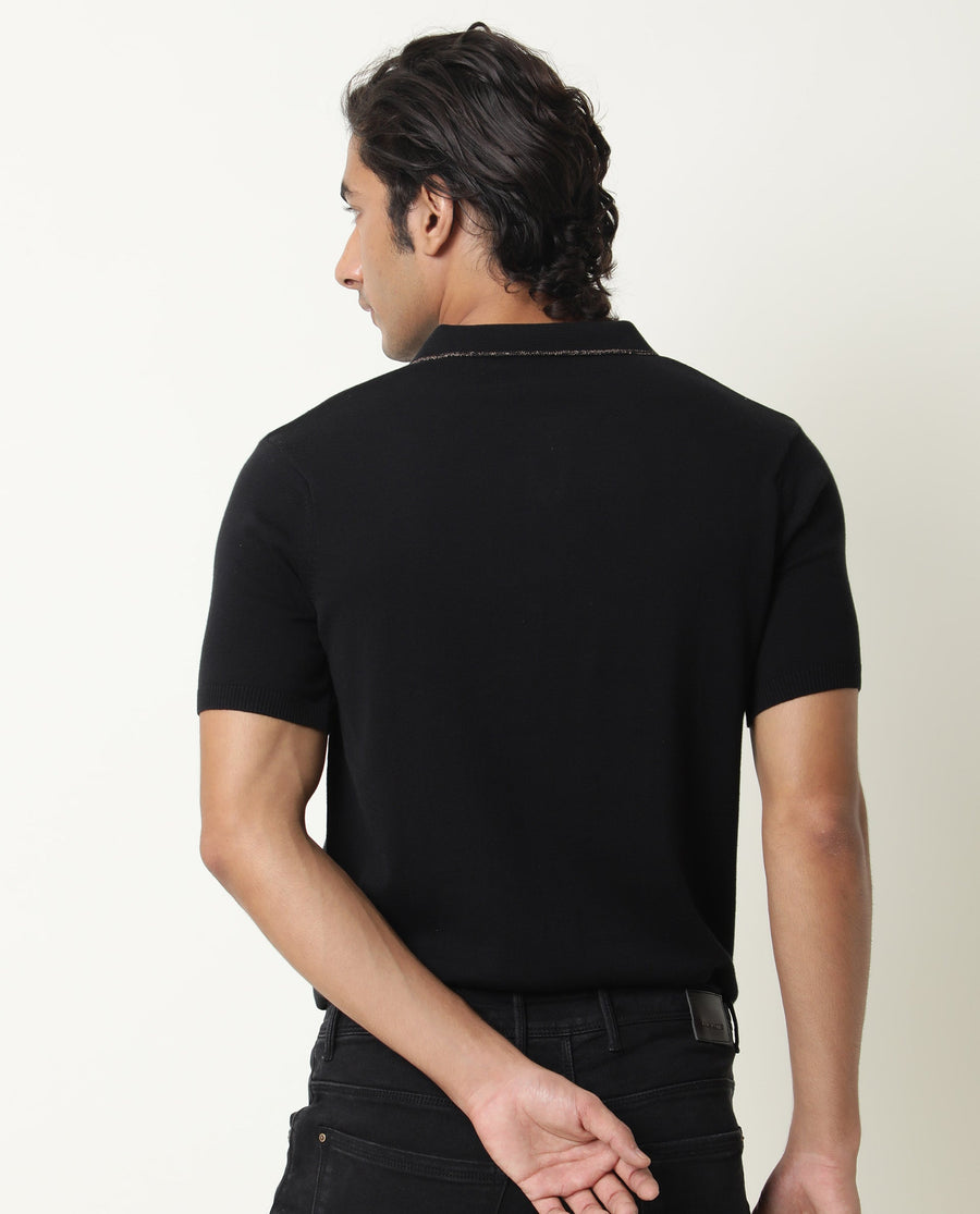 Rare Rabbit Men's Kefa Black Cotton Plain Slim Fit Half Sleeve Polo