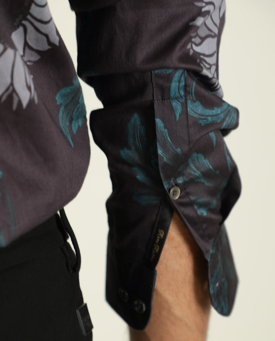 Rare Rabbit Men's Silbon Black Cotton Floral Print Regular Fit Full Sleeve Collared Shirt