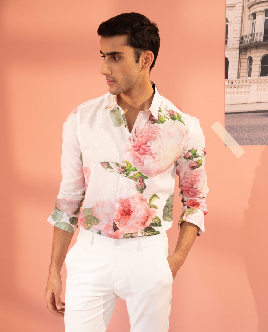 Rare Rabbit Men's Sloven White Cotton Floral Print Regular Fit Full Sleeve Collared Shirt