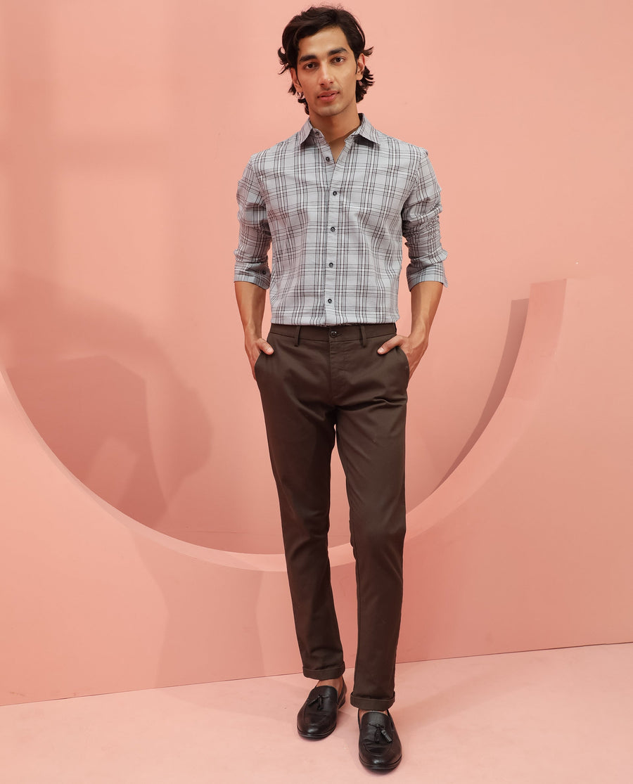 Rare Rabbit Men's Frazey Grey Cotton Checked Print Regular Fit Full Sleeve Collared Shirt