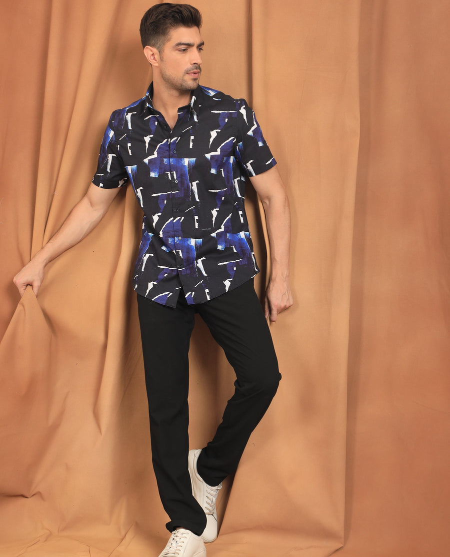 Rare Rabbit Men's Canva Blue Viscose Abstract Print Regular Fit Half Sleeve Collared Shirt