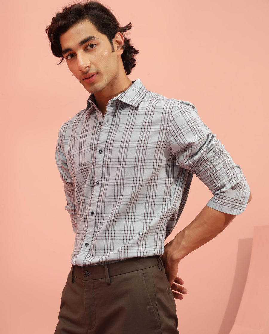 Rare Rabbit Men's Frazey Grey Cotton Checked Print Regular Fit Full Sleeve Collared Shirt