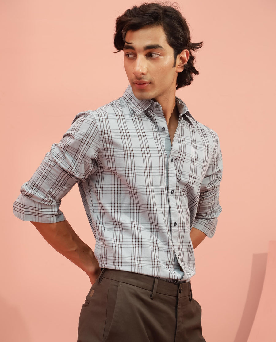 Rare Rabbit Men's Frazey Grey Cotton Checked Print Regular Fit Full Sleeve Collared Shirt