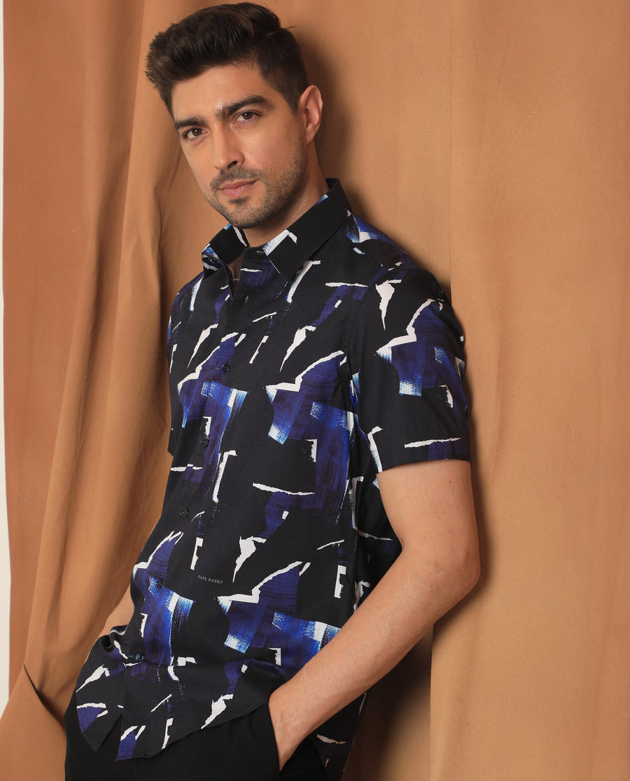 Rare Rabbit Men's Canva Blue Viscose Abstract Print Regular Fit Half Sleeve Collared Shirt
