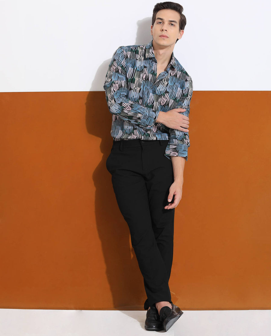 Rare Rabbit Men's Alvin Black Viscose Abstract Print Regular Fit Full Sleeve Collared Shirt