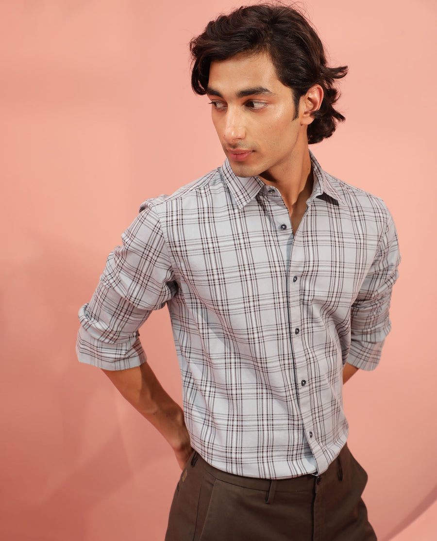 Rare Rabbit Men's Frazey Grey Cotton Checked Print Regular Fit Full Sleeve Collared Shirt