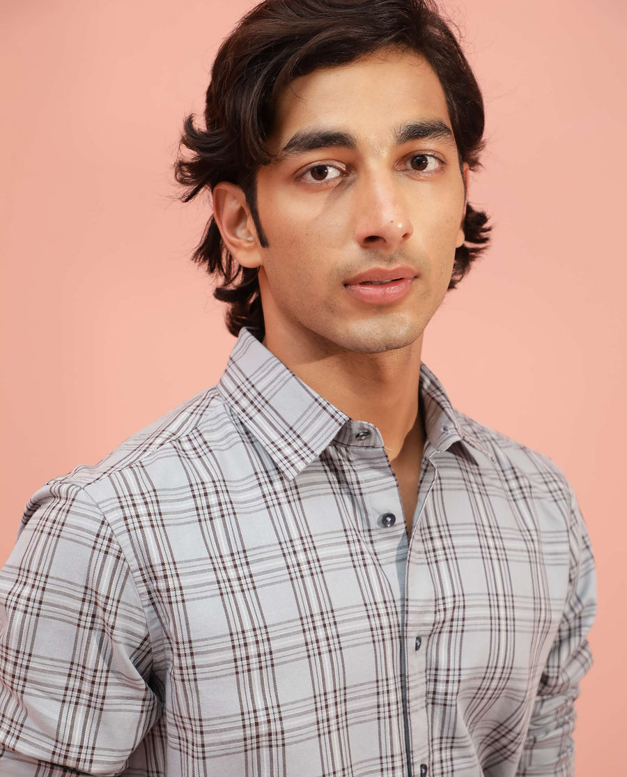 Rare Rabbit Men's Frazey Grey Cotton Checked Print Regular Fit Full Sleeve Collared Shirt