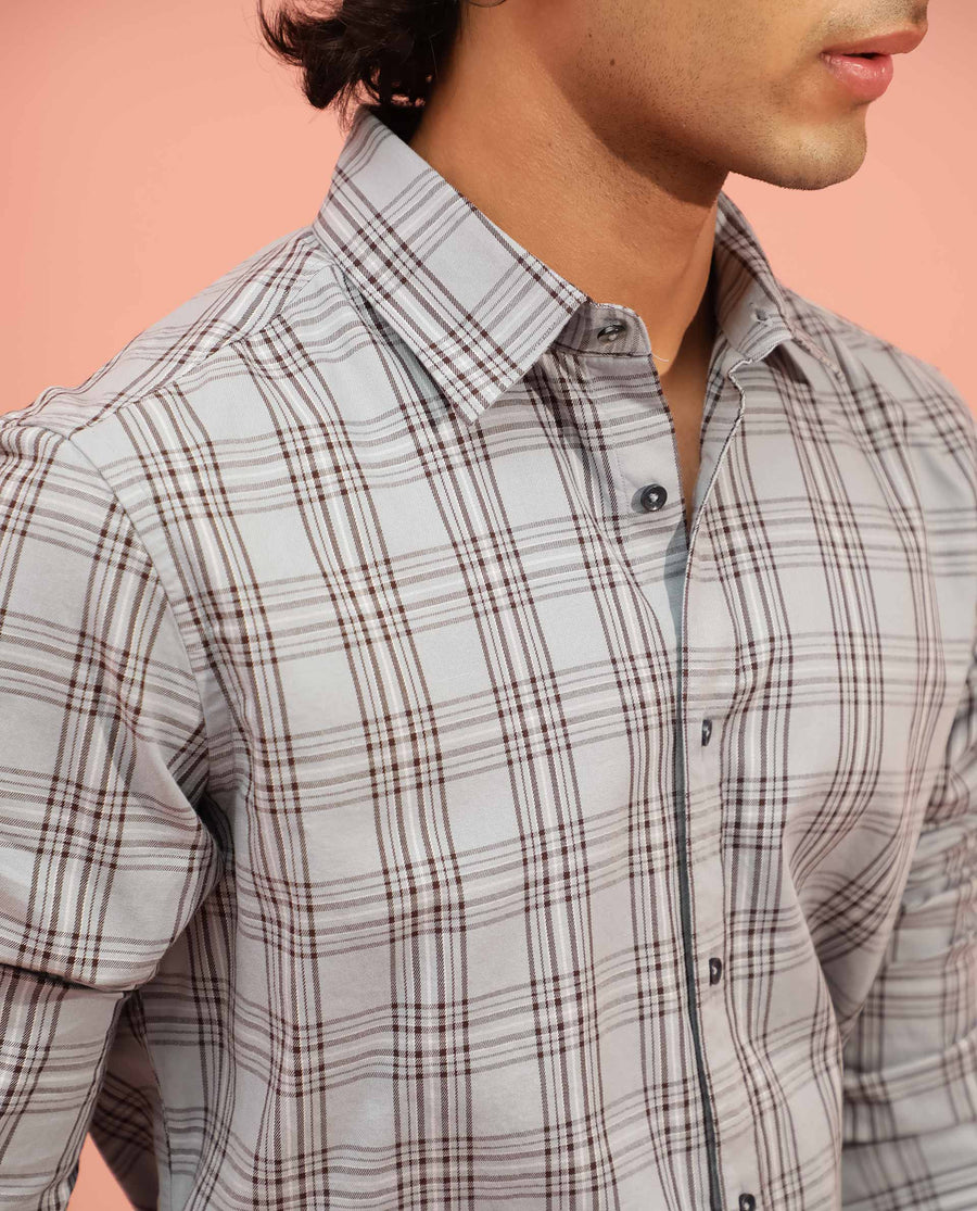 Rare Rabbit Men's Frazey Grey Cotton Checked Print Regular Fit Full Sleeve Collared Shirt