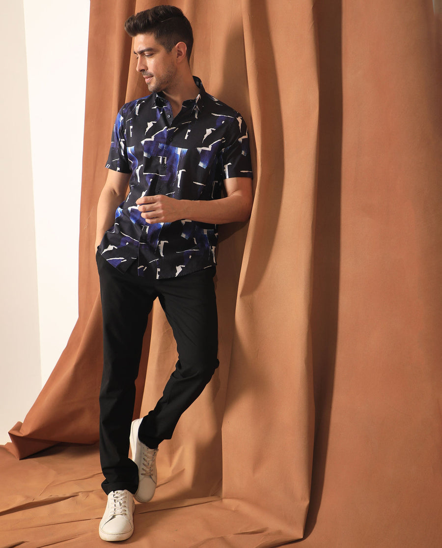 Rare Rabbit Men's Canva Blue Viscose Abstract Print Regular Fit Half Sleeve Collared Shirt