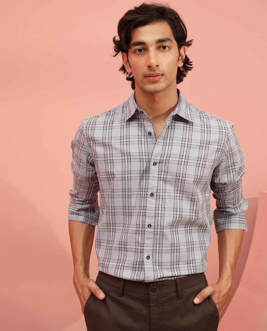 Rare Rabbit Men's Frazey Grey Cotton Checked Print Regular Fit Full Sleeve Collared Shirt